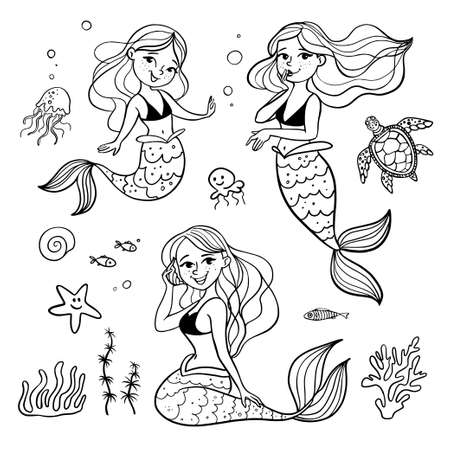 Cute cartoon mermaid set and sea animals. big sea set. marine themes. Black and white coloring page. vector illustration.のイラスト素材