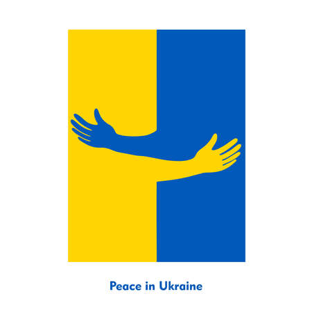 Ukrainian flag. Symbol with embrace and support Ukrainian nation, unity, peace, belief isolated on white. Save peace in Ukraine concept. Vector Ukrainian symbol, icon, design.のイラスト素材