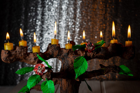 Handmade menorah designed in the shape of a tree, symbolizing the Tu BiShvat holiday, also known as the Jewish New Year for Treesの写真素材