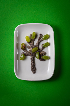 Plate with chocolate tree on a green background. Jewish New Year for Trees (Tu BiShvat) concept