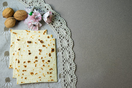 Pesah celebration concept (jewish Passover holiday). Traditional flatbread matza