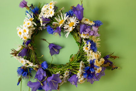Wreath of wildflowers on a green background, top viewの写真素材