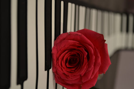 Red rose on a metal fence with piano keys in the background.の写真素材