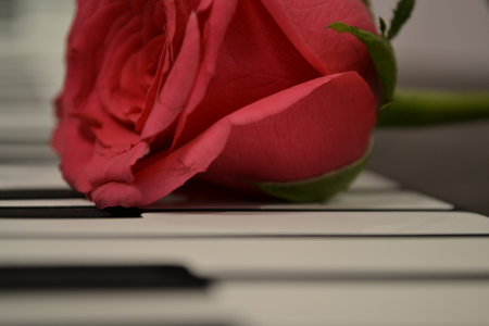 piano keys with a rose in the foreground, close-upの写真素材