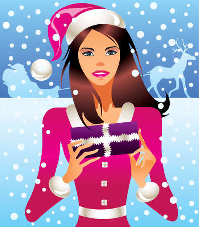 Christmas girl with gift illustrationのイラスト素材