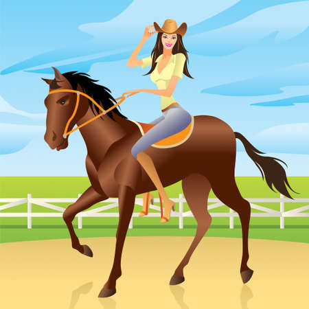 Girl  is riding a horse in Western styleのイラスト素材