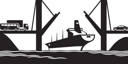 Merchant ship passes under a drawbridgeのイラスト素材