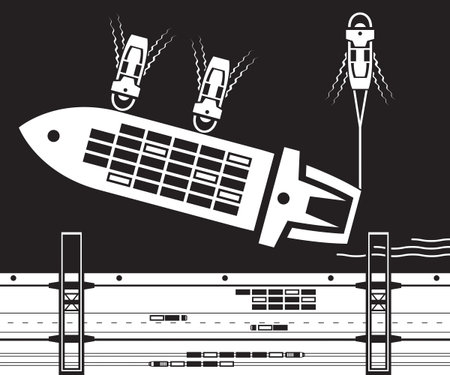 Tugboats towing cargo ship to dockのイラスト素材