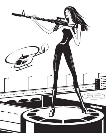 Woman with a sniper rifle and helicopterのイラスト素材