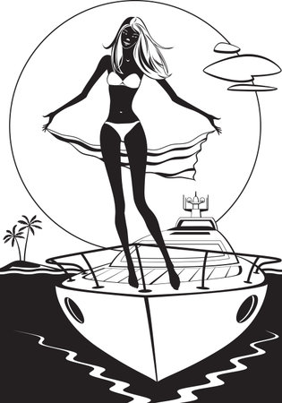 Girl waving scarf on the bow of yachtのイラスト素材