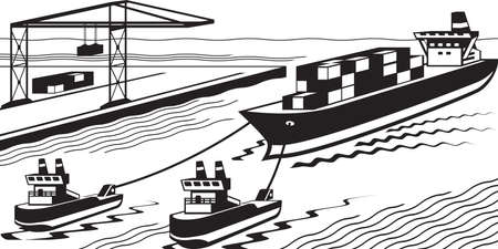 Tugboats assisting cargo ship to portのイラスト素材
