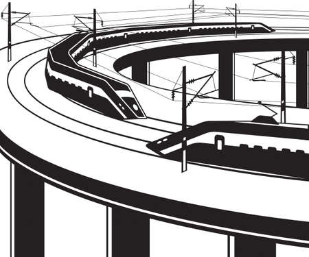 Passenger trains pass through bridge on white background.のイラスト素材