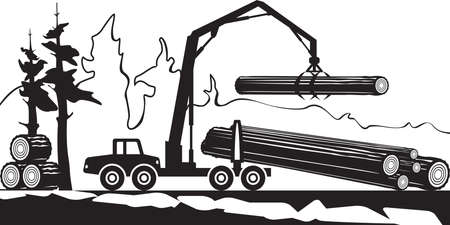 Tractor loading wood timbers in the forestのイラスト素材