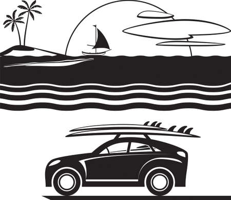 Car with surfboards on the beach - vector illustrationのイラスト素材