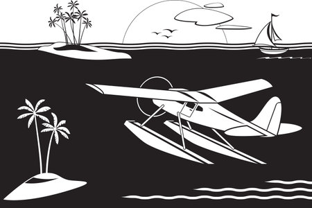 Seaplane flying among islands in the sea