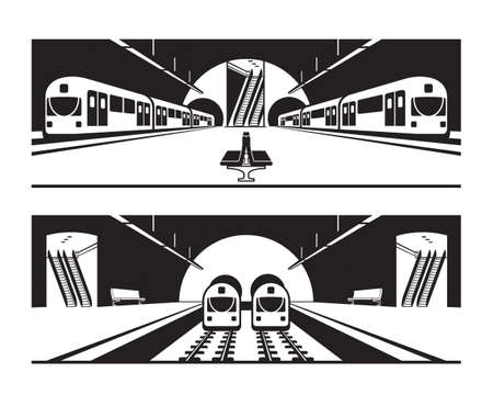 Different subway stations with trains - vector illustrationのイラスト素材