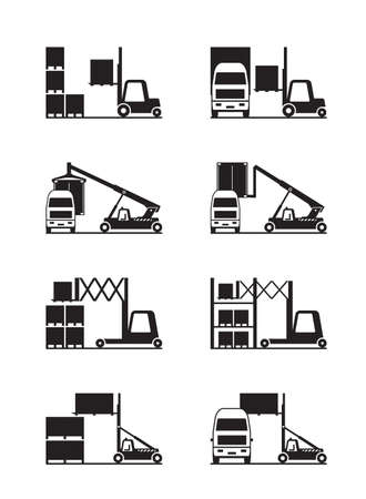 Forklift loading truck and warehouse with goods â vector illustrationのイラスト素材