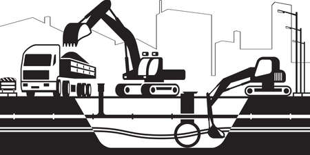 Truck and excavators repair installations under street - vector illustrationのイラスト素材