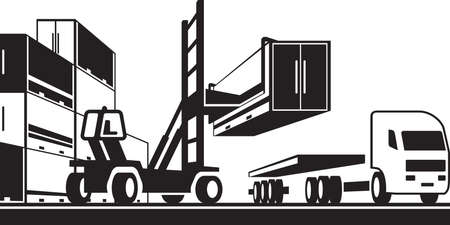 Forklift loading tractor truck with container - vector illustrationのイラスト素材