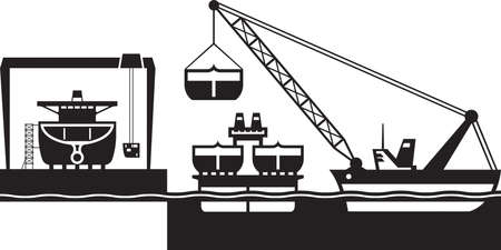 Heavy lift crane carry parts to shipyard â vector illustrationのイラスト素材