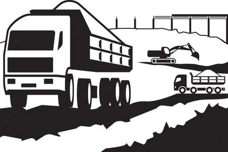 Heavy dump trucks and  excavator on construction site - vector illustrationのイラスト素材