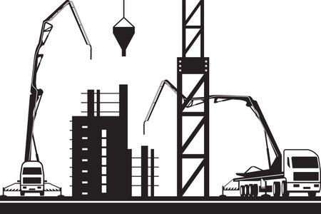 Concrete pump trucks and crane on construction site - vector illustrationのイラスト素材
