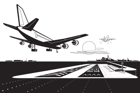 Airplanes landing and taking off on two runways airport â vector illustrationのイラスト素材