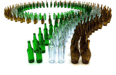 large number of green brown white empty bottles arranged on a curveの写真素材