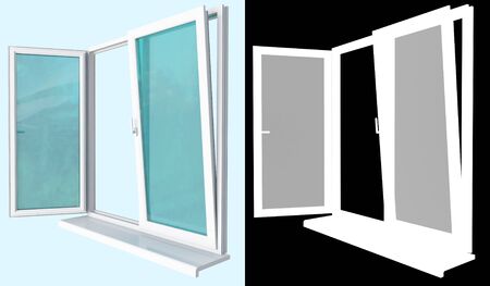 window made ââof white plastic profilewith a transparent glazing, with two open doors of different types of openingの写真素材