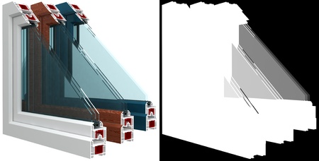 three plastic window with a colorful laminated, translucent glazing and  visible cut profile with supporting mask transparencyの写真素材