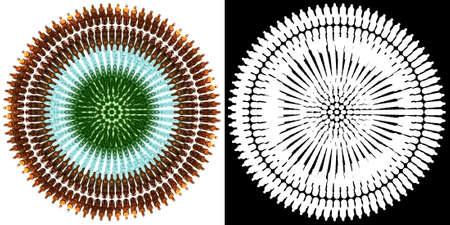 large number of green brown white empty bottles arranged in a circleの写真素材