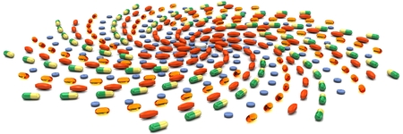 Medical pills, lots of medicine capsules of different colors on reflective surface isolated on white background, 3D.の写真素材