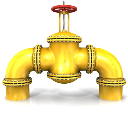 gas or oil Pipeline Stopcock with a red valve on white background, 3D renderingの写真素材