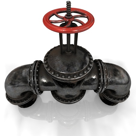 gas or oil Pipeline Stopcock with a red valve on white background, 3D renderingの写真素材