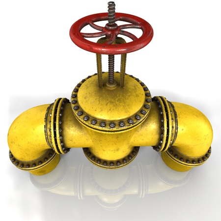 gas or oil Pipeline Stopcock with a red valve on white background, 3D renderingの写真素材