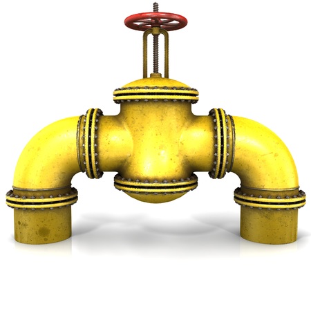 gas or oil Pipeline Stopcock with a red valve on white background, 3D renderingの写真素材