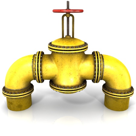 gas or oil Pipeline Stopcock with a red valve on white background, 3D renderingの写真素材