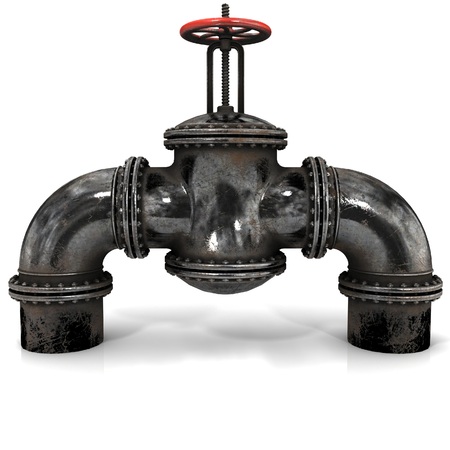 gas or oil Pipeline Stopcock with a red valve on white background, 3D renderingの写真素材