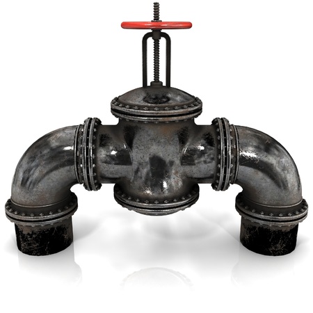 gas or oil Pipeline Stopcock with a red valve on white background, 3D renderingの写真素材