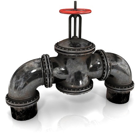 gas or oil Pipeline Stopcock with a red valve on white background, 3D renderingの写真素材