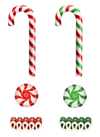 set isolated christmas candies with candy canes, ribbon candies and starlight peppermint candiesのイラスト素材