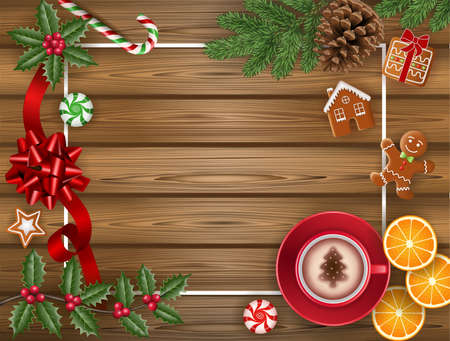 christmas background with cappuccino, gingerbreads, candies, pine branches and holly on wooden tableのイラスト素材