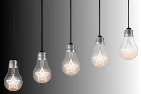 five lightbulbs with lit stars on black and white background. ranking or rating image conceptのイラスト素材