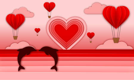 valentine's day background with dolphins, hearts, sea, clouds and hot air balloons in papercut styleの写真素材