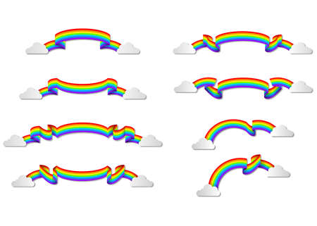 Set of ribbons with rainbow colors and clouds. Rainbow banners or labels collectionのイラスト素材