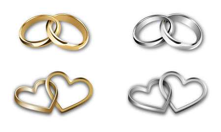 set of gold and silver wedding rings. heart-shaped and round-shaped ringsのイラスト素材