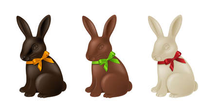 Set of chocolate Easter rabbits with colorful bows. Dark, milk and white chocolate bunniesのイラスト素材