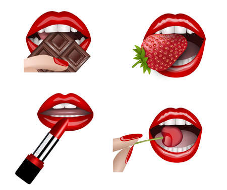 Set of red lips. Female lips with chocolate, strawberry, lipstick and cherryのイラスト素材
