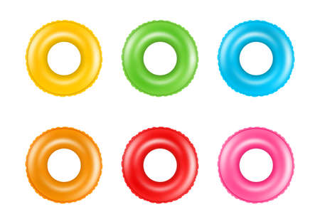 Set of colorful swimming rings. Collection of inflatable rubber rings. Floating summer toys.のイラスト素材