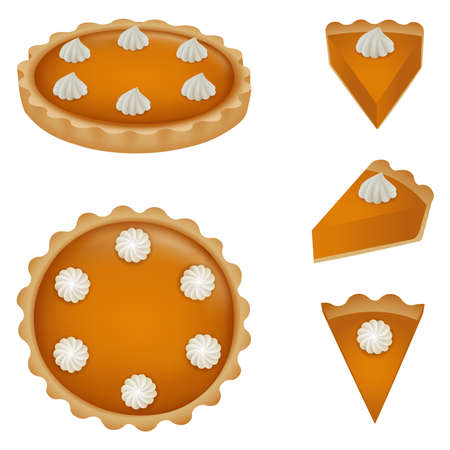 Whole pumpkin pie and pieces of pie illustration. Top and side view.のイラスト素材